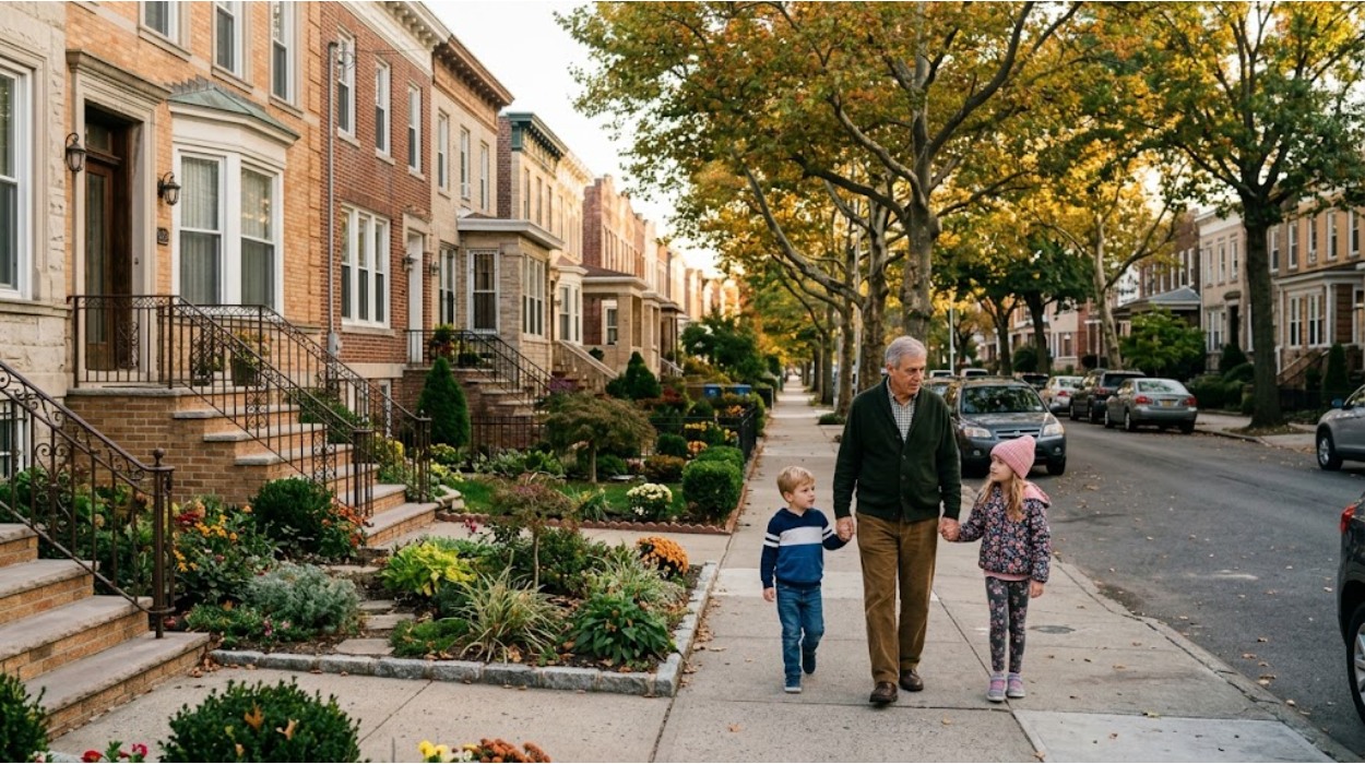 Quiet Bay Ridge residential street lined with brick and limestone two-family homes, a grandfather walking with two children