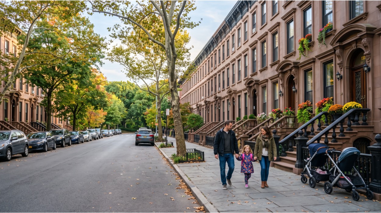 Tree-lined Park Slope block with brownstone stoops and a family walking on the sidewalk near Prospect Park