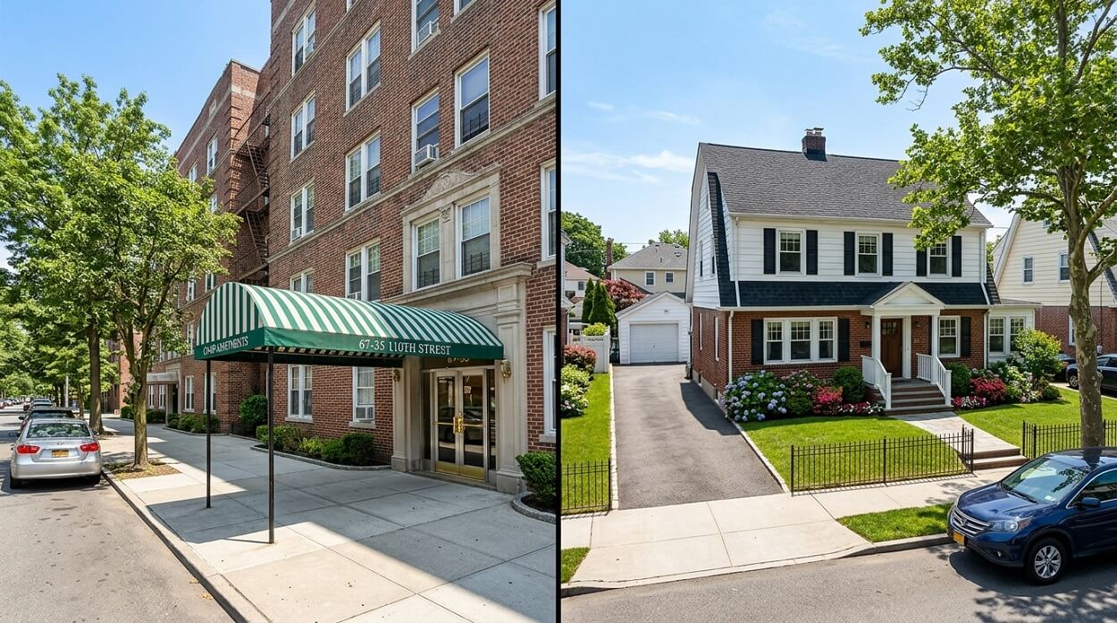 Side-by-side comparison of a Queens co-op apartment building and a single-family colonial home on a tree-lined block