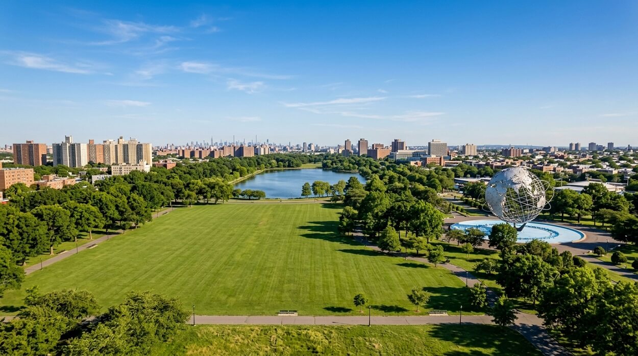 Wide-angle view of Flushing Meadows-Corona Park with the Unisphere globe visible against Queens skyline