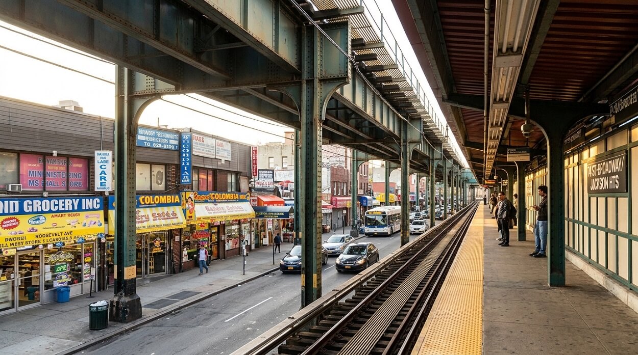 Jackson Heights elevated subway station on Roosevelt Avenue with diverse neighborhood storefronts below