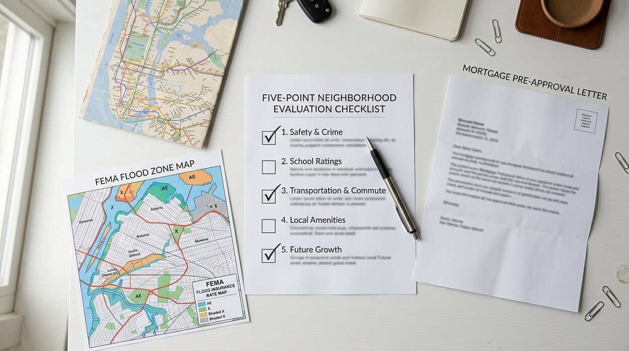 Overhead flat-lay of a five-point neighborhood evaluation checklist with a subway map, FEMA flood zone map, and mortgage pre-approval letter