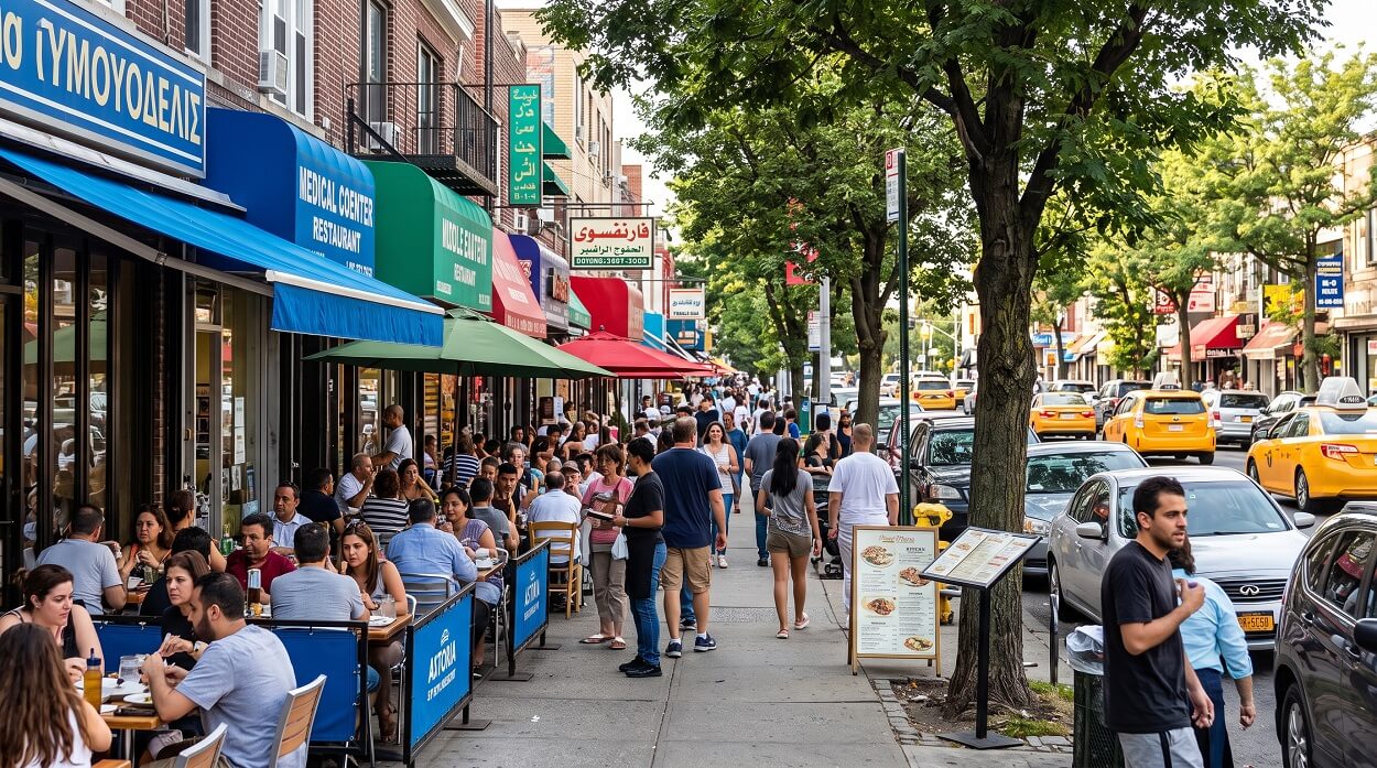 Lively street scene on Steinway Street in Astoria Queens with colorful restaurant awnings and outdoor cafe tables on a warm weekend afternoon