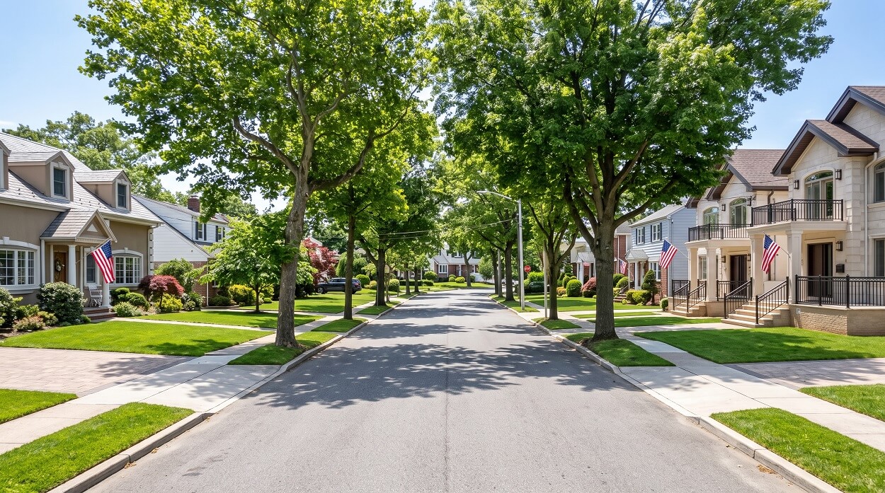 Quiet suburban residential street in Bayside Queens with detached single-family homes, well-maintained front lawns, wide driveways, and mature trees lining both sides
