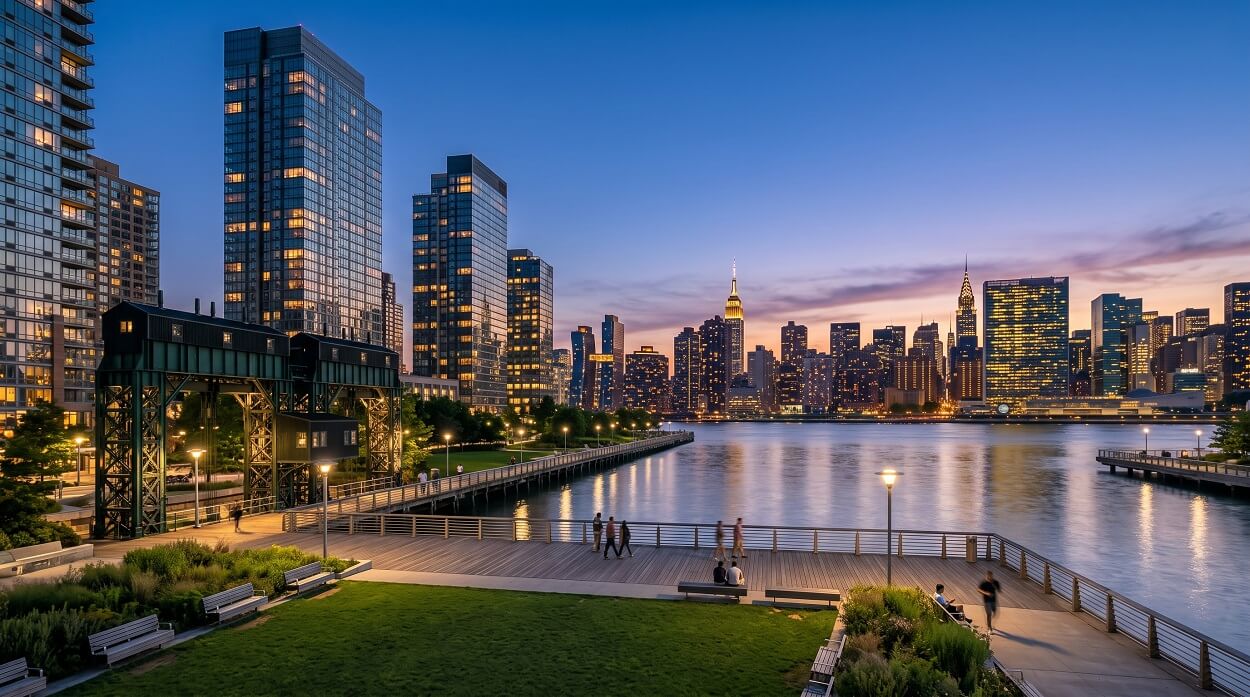 Gantry Plaza State Park in Long Island City Queens at dusk with modern condo towers and the illuminated Manhattan skyline reflected in the East River