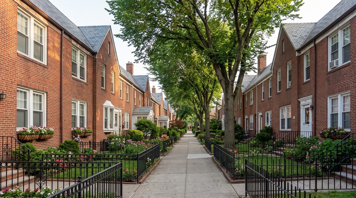 Quiet block of 1920s red-brick rowhouses in Sunnyside Gardens Queens with small front gardens, wrought-iron fences, and flowering window boxes